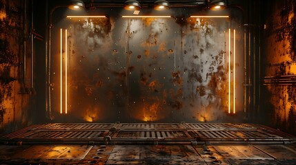Rust neon light product background stage on rusty metal floor with industrial spotlight, in steampunk style