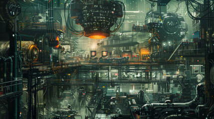 Obraz premium Complex machinery and industrial robots at work in a high-tech manufacturing facility. 