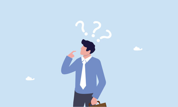 Businessman with suspicious gesture thinking about things with question mark signs, skeptical, distrust or questioning about business deal, thinking to make decision, doubtful or confusion concept.