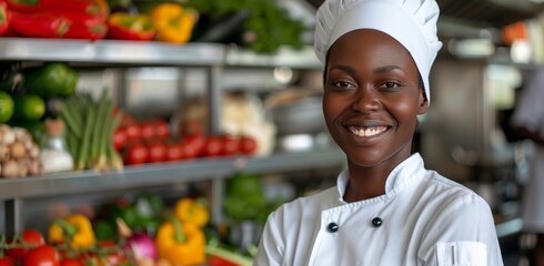 Smiling Female Chef in Kitchen With Fresh Produce