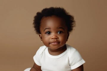 A charming baby girl with dark curly hair smiles at the camera, wearing a white shirt, photographed from a high angle against a pastel brown studio backdrop