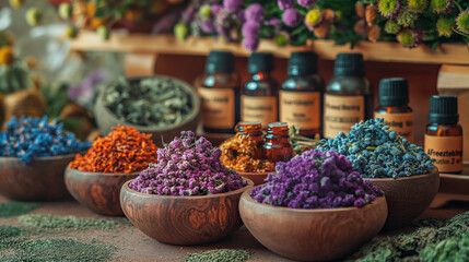 Ancient Herbal Medications Ingredients: Dried Herbs And Flowers With Herbal Tea Mix Representing A Holistic Approach To Integrative Medicine Practices