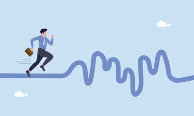 Businessman run to new challenge rough road ahead, rough road ahead, obstacle or tough situation to overcome, risk and uncertain, difficulty or problem solving, journey or effort to success concept.