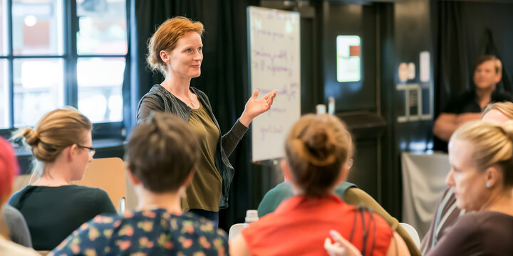 Businesswoman Conducting a Workshop with Engaged Participants in Modern Conference Room