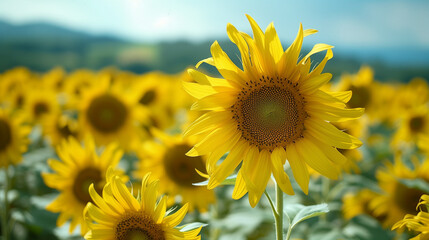 Fototapeta premium Sunflowers, these joyful and extremely energetic plants that seem to dance in the wind, emanating joy and positive energy.