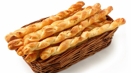 Breadsticks are arranged on a white background.