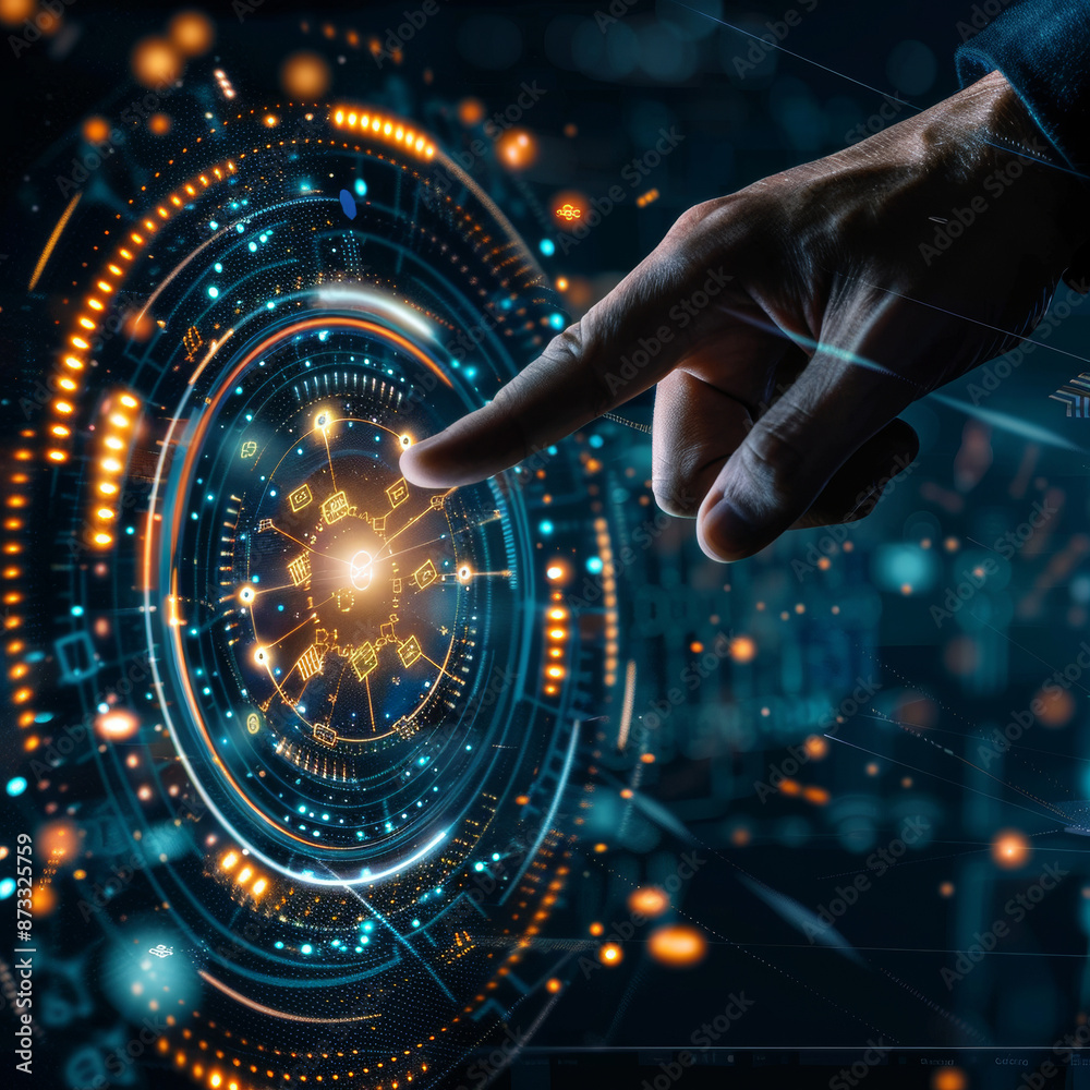 Poster close-up of a businessman's hand pointing at an abstract glowing hologram of a maximum and minimum s