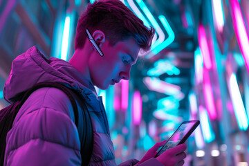 Futuristic Teen Using Tablet with Neon Lights Background in Urban Setting
