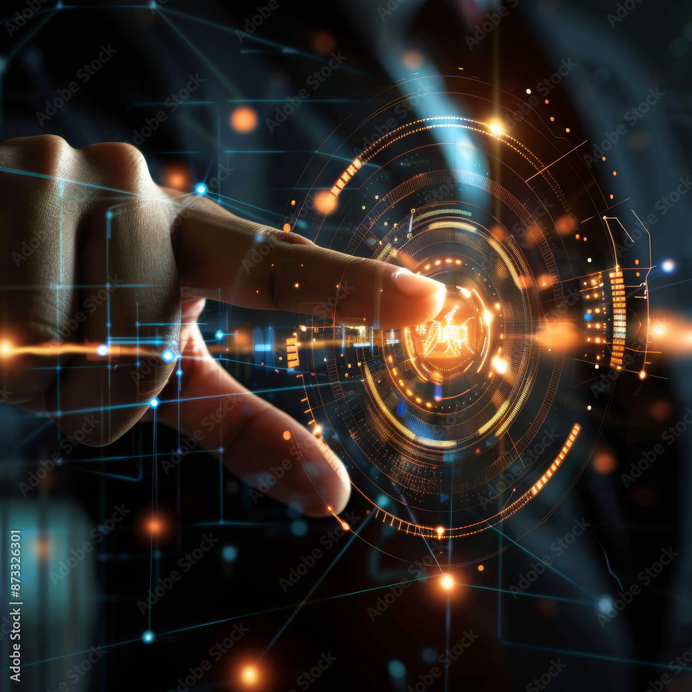 Poster close-up of a businessman's hand pointing at an abstract glowing hologram of a maximum and minimum s