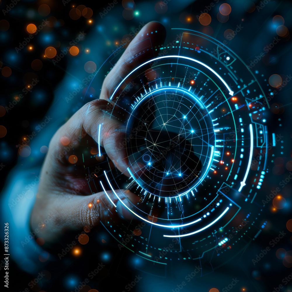 Poster close-up of a businessman's hand pointing at an abstract glowing hologram of a maximum and minimum s