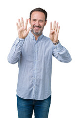 Fototapeta premium Handsome middle age elegant senior man over isolated background showing and pointing up with fingers number nine while smiling confident and happy.