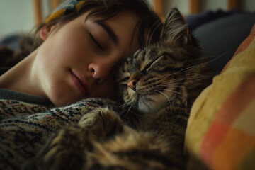 Young Woman Sleeping Peacefully with Tabby Cat on Cozy Bed