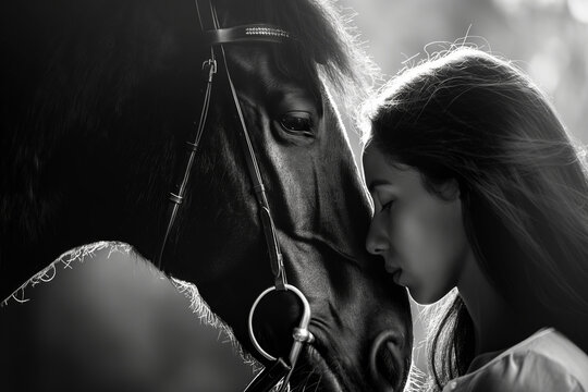 Emotional Connection Young Woman and Black Horse in a Serene Moment of Trust - Powered by Adobe
