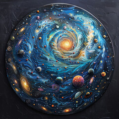 A cosmic mandala with swirling galaxies and stars as the primary elements. 