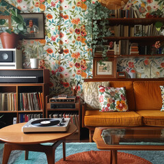 A cozy, vintage-inspired living room with mid-century furniture, a record player, and retro wallpaper. 