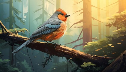 Obraz premium Finch perched singing flat design front view woodland theme animation Complementary Color Scheme