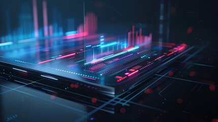 Fototapeta premium Futuristic digital interface with abstract data visualization, featuring glowing lines, graphs, and technological elements on dark background.