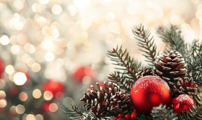 hristmas background with red baubles, pine cones and bokeh. Beautiful christmas card, Generative AI