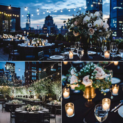 A glamorous black-tie wedding in an urban rooftop garden, featuring a city skyline view, string lights, and sophisticated decor