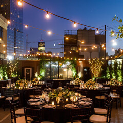 A glamorous black-tie wedding in an urban rooftop garden, featuring a city skyline view, string lights, and sophisticated decor