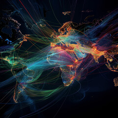 A global map with dynamic routes highlighting the complex network of suppliers, manufacturers, and distributors in a multinational corporation.