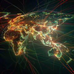 A global map with dynamic routes highlighting the complex network of suppliers, manufacturers, and distributors in a multinational corporation.