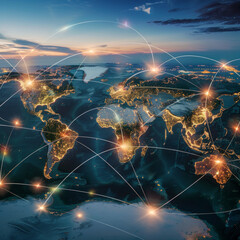 A global map with dynamic routes highlighting the complex network of suppliers, manufacturers, and distributors in a multinational corporation.