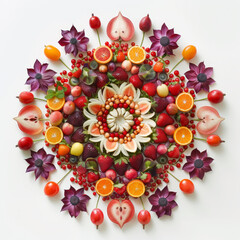 A mandala created using various fruits and vegetables on a white background. 