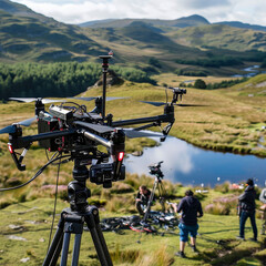 A picturesque outdoor location with a drone filming a commercial for a new eco-friendly product. 