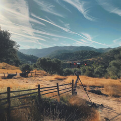 A picturesque outdoor location with a drone filming a commercial for a new eco-friendly product. 