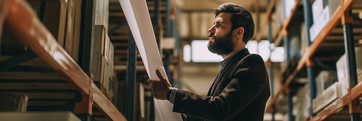 Businessman Inspecting Warehouse Inventory of Large Rolls of White Paper on Shelves in Storage Facility