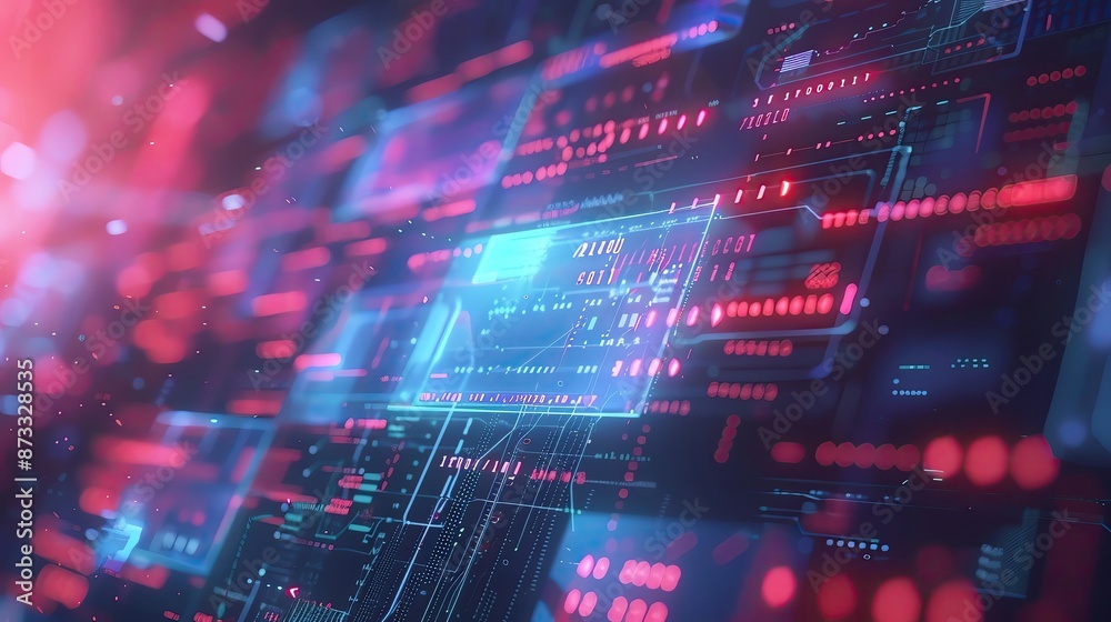 Poster futuristic digital data display with glowing neon lights, high-tech visualizations and advanced comp
