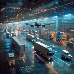 A sleek transportation hub with self-driving trucks and drones coordinating to deliver goods seamlessly. 
