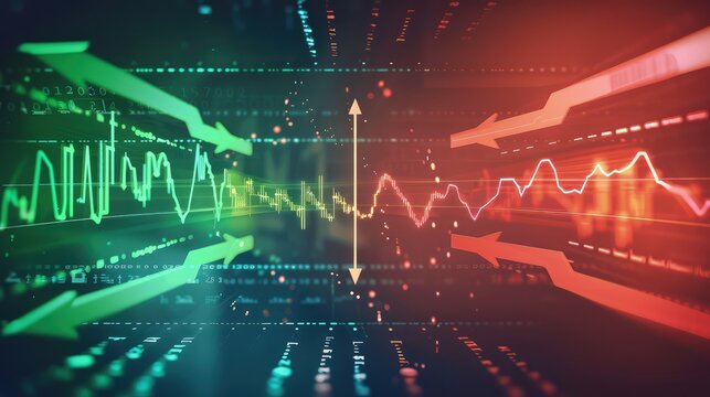 A virtual financial dashboard showing a bullish market trend graph in green and a bearish trend graph in red, with arrows pointing in opposite directions.