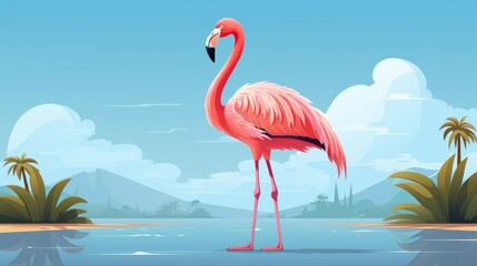 Fototapeta premium Flamingo resting on one leg flat design top view tranquil lagoon cartoon drawing colored pastel