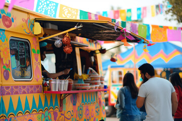 Vibrant Food Truck Festival with Colorful Decorations and Happy Customers at Outdoor Market