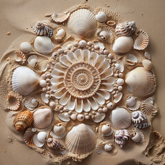 An intricate mandala design formed by seashells on a sandy beach. 