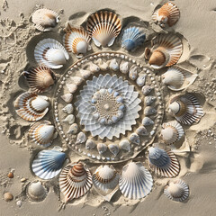An intricate mandala design formed by seashells on a sandy beach. 
