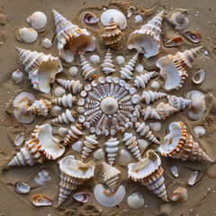 An intricate mandala design formed by seashells on a sandy beach. 