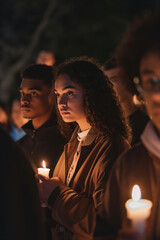 Obraz premium Diverse Group of People at Nighttime Vigil Holding Candles for Peaceful Protest
