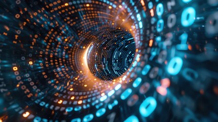 A visual metaphor for AI featuring a swirling vortex of digital numbers and binary code, symbolizing data processing at high speeds.