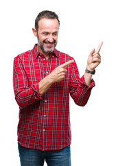 Middle age hoary senior man over isolated background smiling and looking at the camera pointing with two hands and fingers to the side.