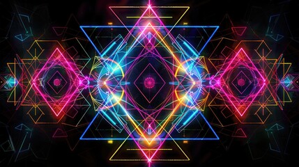A kaleidoscope of geometric shapes including triangles, circles, and pentagons in neon colors against a black background.