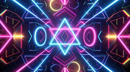 A kaleidoscope of geometric shapes including triangles, circles, and pentagons in neon colors against a black background.