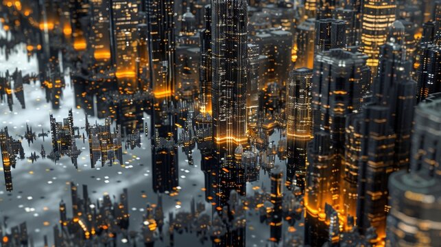 A city skyline at night with the lights from the antiparticle buildings creating a stunning mirrored effect.