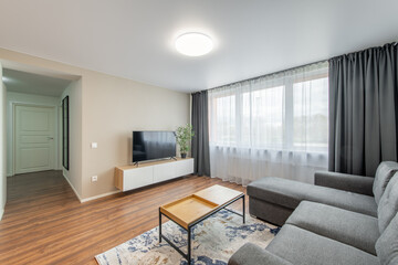 Modern Home Living Room Interior. Luxurious Stylish Modern Apartment. Open Interior, Stylish Sofa, Coffee Table, Scandinavian Design. TV Screen, Windows and Curtains.
