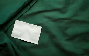 Blank white paper clothes label on green fabric texture background