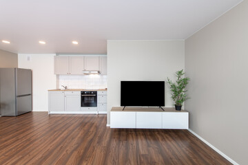 Modern Home Living Room and Kitchen Interior. Luxurious Stylish Modern Apartment. Open Space, TV Screen, White Furniture, Scandinavian Design