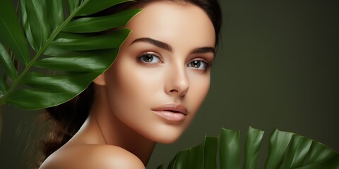 Fototapeta premium Pretty attractive female girl face portrait on green leave background. Skin care wellness health