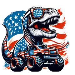Obraz premium T-Rex Dinosaur in American Flag Sunglasses Holding Monster Truck with Patriotic Background Illustration